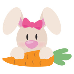 Cute peeking Easter bunny girl   with carrot vector cartoon illustration