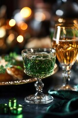 Green drink in a glass is on a table with other glasses and food. The tablecloth is green and the lighting is dim