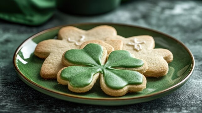 Plate of green cookies with a green leaf on top. The cookies are arranged in a diamond shape