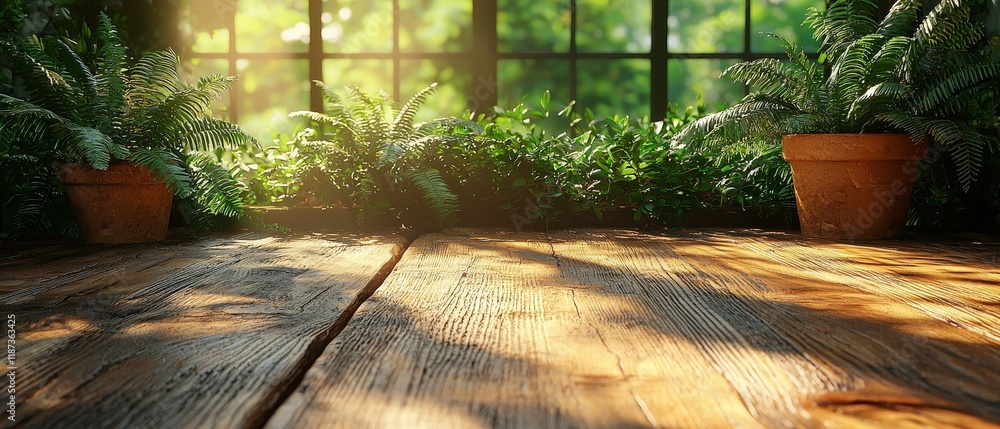 Poster sunlight streams through a window onto a wooden table with potted ferns. ideal for product displays 