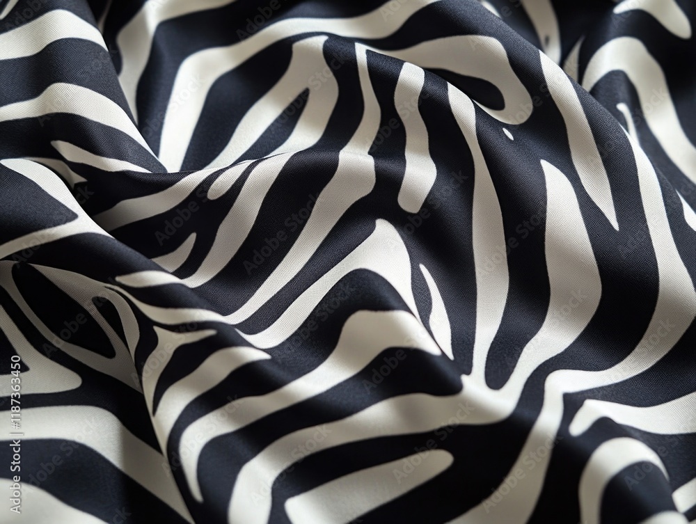 Poster zebra print fabric with black and white stripes. the fabric is smooth and shiny, and it has a unique