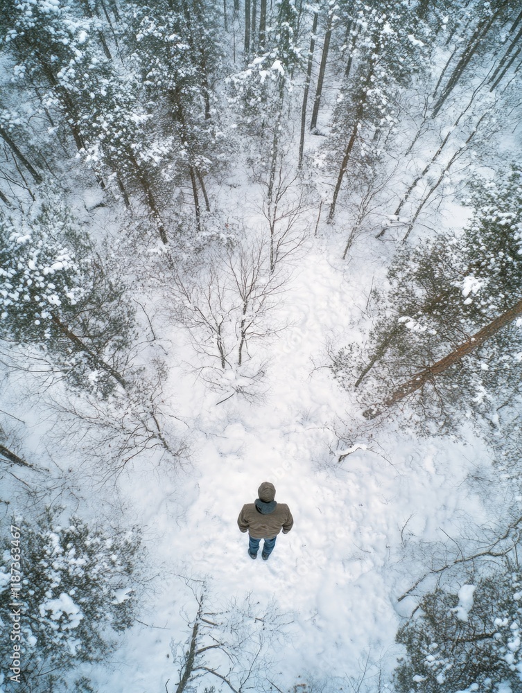 Poster man stands in the snow in a forest. the snow is deep and the trees are bare. the man is looking up a