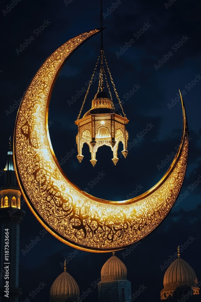 Poster large gold lamp hangs from the top of a crescent moon. the scene is set in a city with a large build