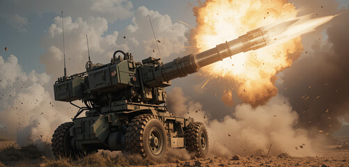 Obraz premium A mobile artillery unit unleashes a powerful shell, causing a large explosion in the background. Dust and debris surround the area, highlighting the intensity of the military exercise