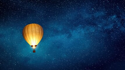 Obraz premium A hot air balloon flies in the sky, surrounded by a star-filled night sky Stars can be seen in both the foreground and background of the image