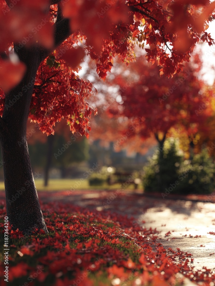 Poster tree with red leaves is in the foreground of a park. the leaves are falling from the tree, creating 