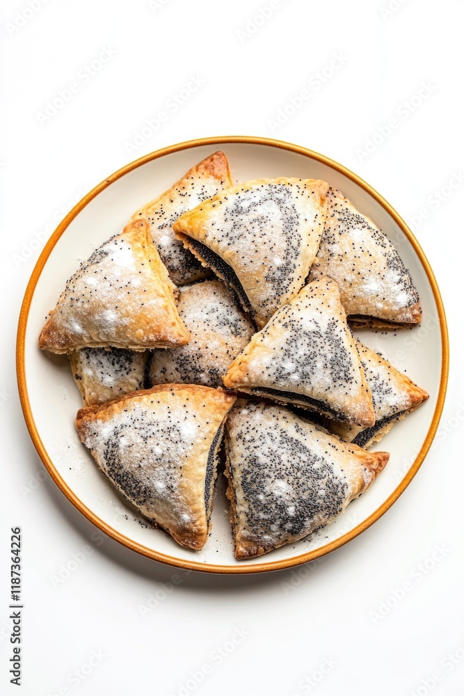 Poster plate of pastries with pike pike sprinkled on top. the pastries are triangular in shape and are arra