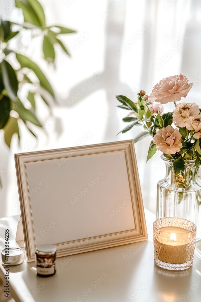 Poster white frame sits on a table next to a vase of flowers and a candle. the frame is empty, but the cand