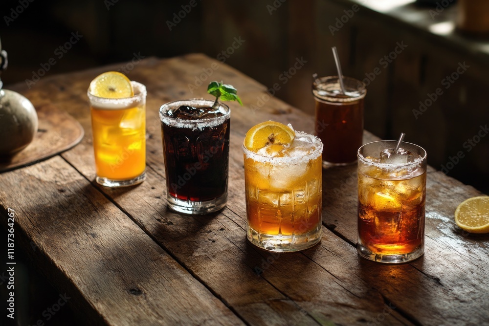 Poster table with five different drinks, including a lemonade and a soda. the drinks are in different glass