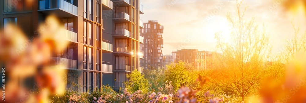 Poster a city skyline with a large building in the background and a tree in the foreground. the sun is shin