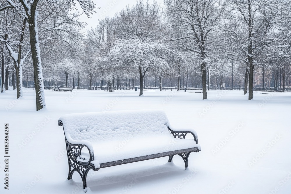 Poster a serene winter park features a snow-laden bench, surrounded by frosted trees and a soft blanket of 