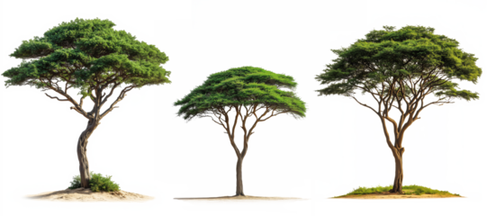 Collection of three African acacia trees isolated on transparent background