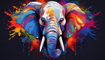 Vibrant Artistic Portrait of an Abstract Elephant Head, Splashed with Colorful Paint Strokes and Radiating Energy in a Bold and Creative Illustration.