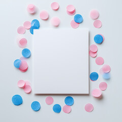 Blank card with pink and blue confetti on white background