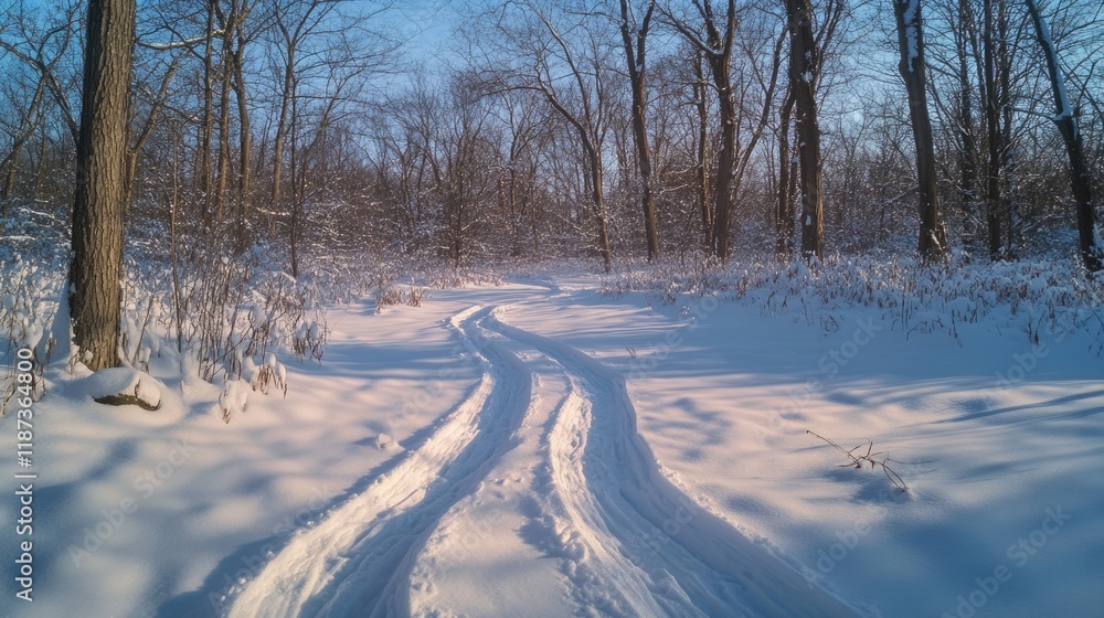 Poster snowy forest with a path through it. the path is covered in snow and has a shadow on it. the trees a