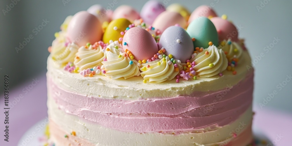 Poster cake with colorful frosting and sprinkles on top. the cake is decorated with colorful eggs and has a