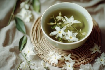 Bowl of green tea with white flowers floating in it. The flowers are in the water and the bowl is on a wicker tray