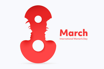 8 March - International Women's Day greeting card design with silhouettes of women's faces inside the number 8. Minimalistic design. Ideal for social media post, poster, banner.
