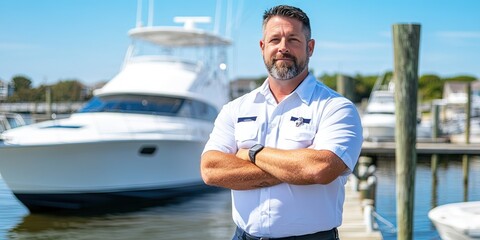 boat captain standing on dock in front of boat