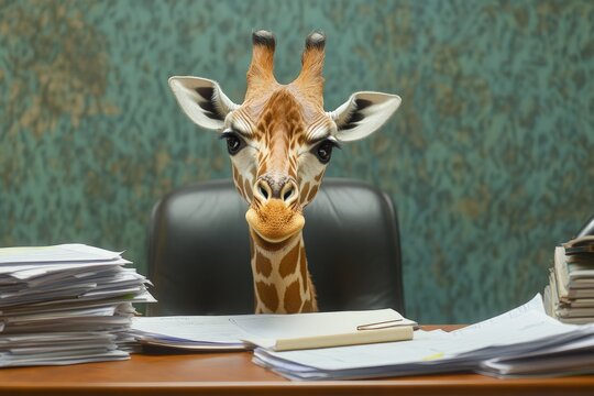 A giraffe sits at an office desk, surrounded by paperwork, looking directly at the camera with a serious expression.