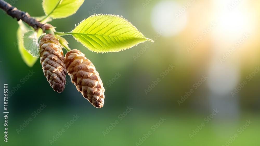 Poster two pine cones are hanging from a tree branch. the pine cones are brown and appear to be drying up
