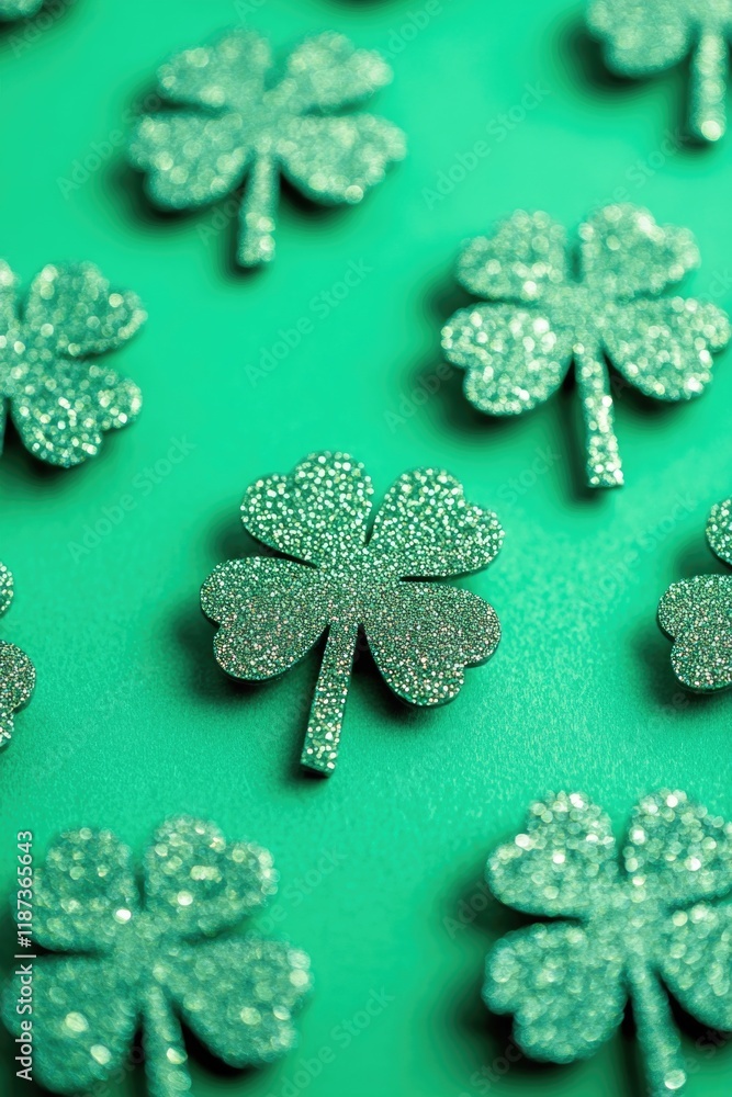 Poster green background with a bunch of glittery clovers. the clovers are all different sizes and are scatt