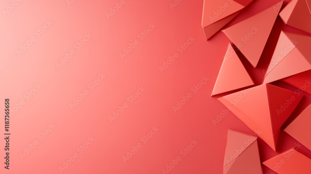 Poster red background with a bunch of triangles on it. the triangles are cut out and arranged in a way that