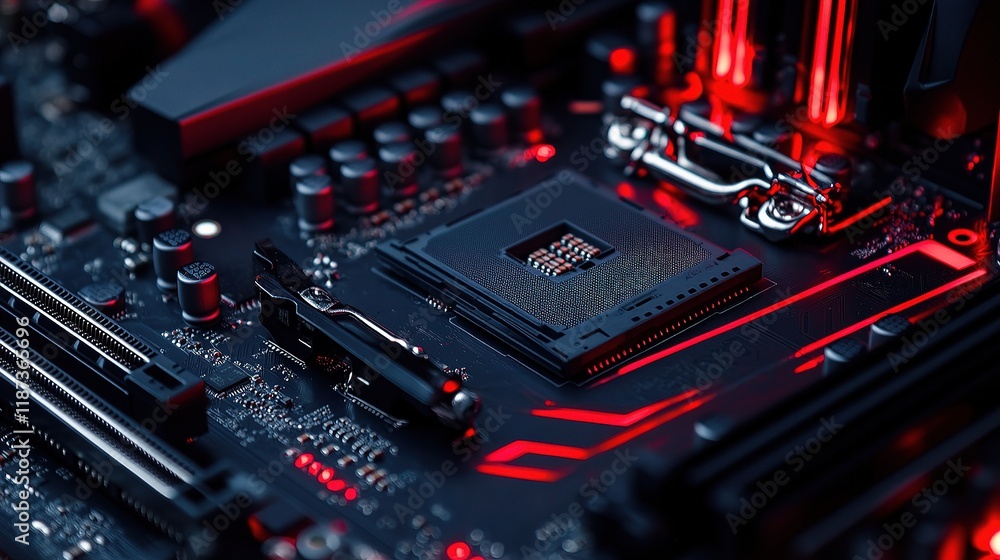 Poster intricate abstract computer motherboard with red lines and tech detail