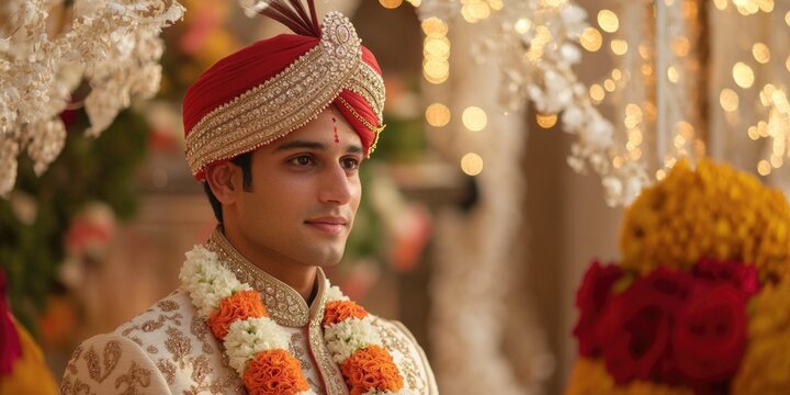 Man wearing a red turban and gold jewelry is standing in front of a floral arrangement. The man is dressed in traditional Indian attire, and the flowers are arranged in a vase