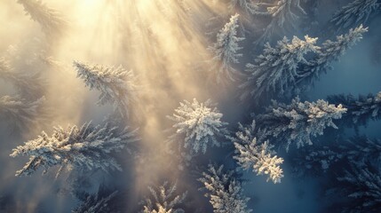 Forest with snow-covered trees and a bright sun shining through the trees. The sun's rays create a beautiful and serene atmosphere, making the scene feel peaceful and calming