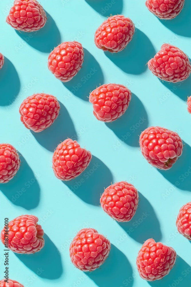 Poster close up of a bunch of red raspberries on a blue background. the raspberries are arranged in a patte