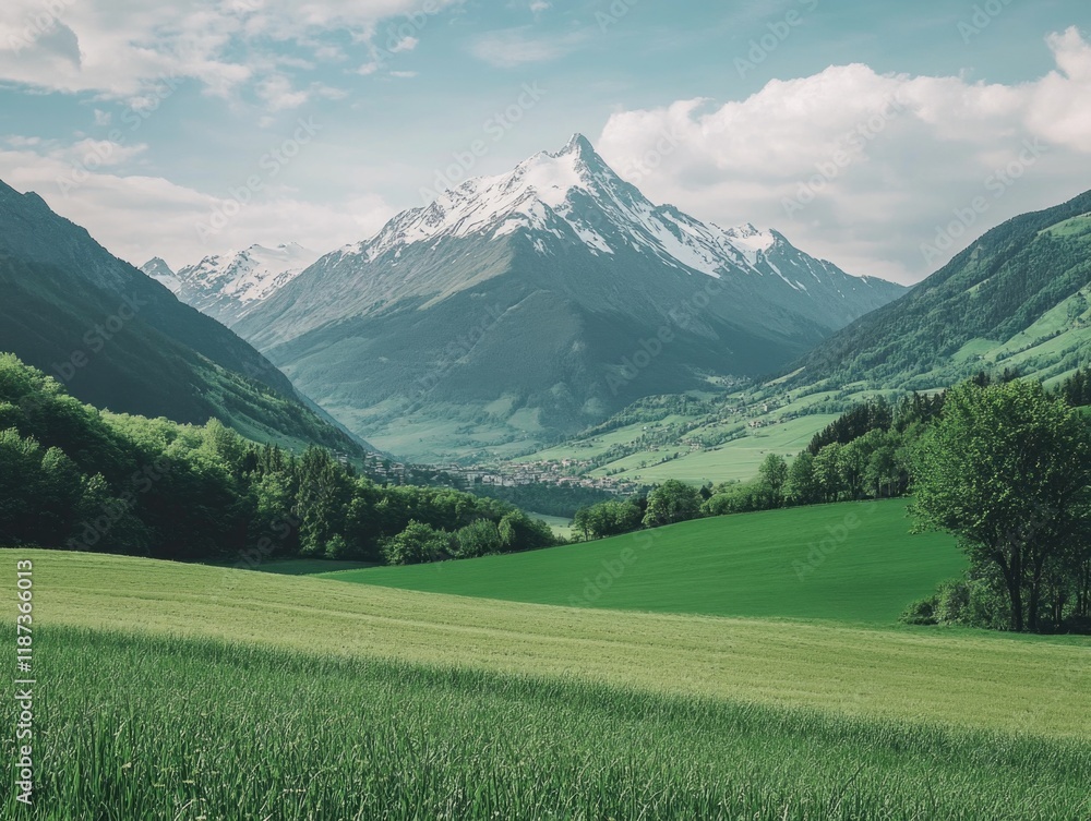 Poster mountain range with snow on top and a green field in between. the mountains are in the background an