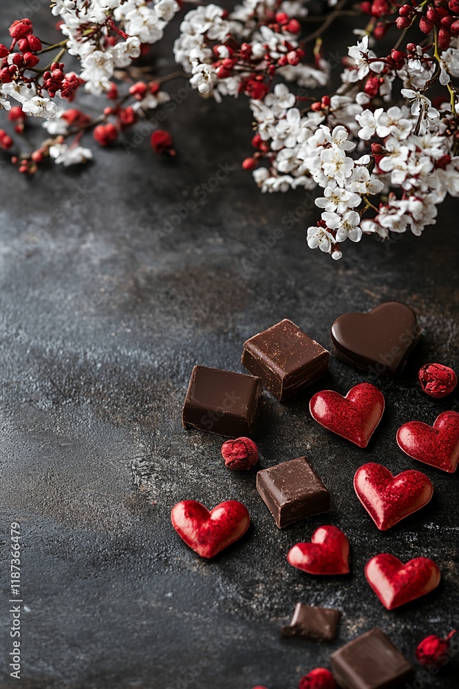 Poster box of chocolates with a heart on top. there are many chocolates on the table