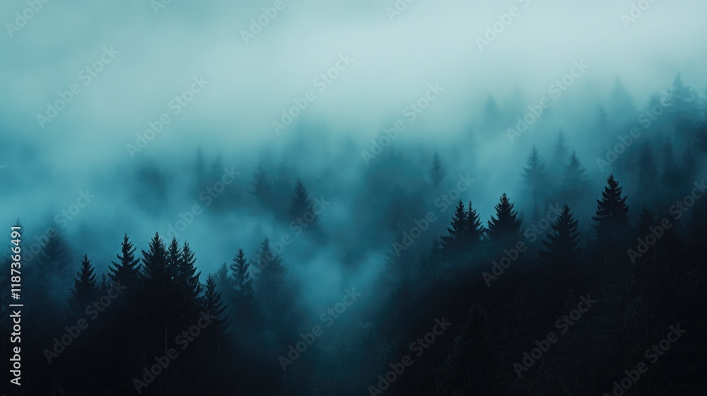 Poster forest with trees covered in fog. the trees are tall and the sky is cloudy