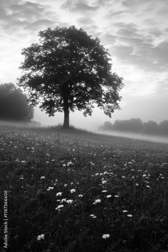 Poster tree stands alone in a field of grass. the sky is cloudy and the grass is wet