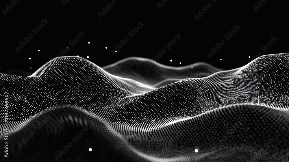 Poster abstract flowing waves with moving dots and lines in black background