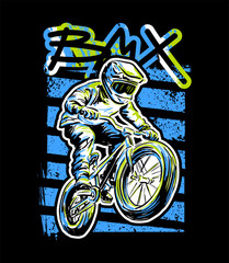 Urban style modern t-shirt  design with boy on bicycle BMX. Sport extreme grunge  illustration for guys on black background. Graffiti words and street art