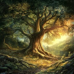 Fototapeta premium Old oak tree in the autumn forest. Fantasy landscape. Digital painting.