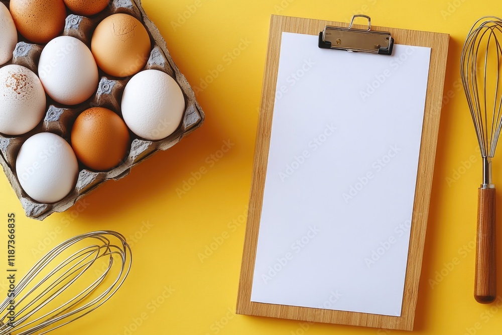 Poster white clipboard sits on a yellow background with a carton of eggs and a whisk. the clipboard is empt