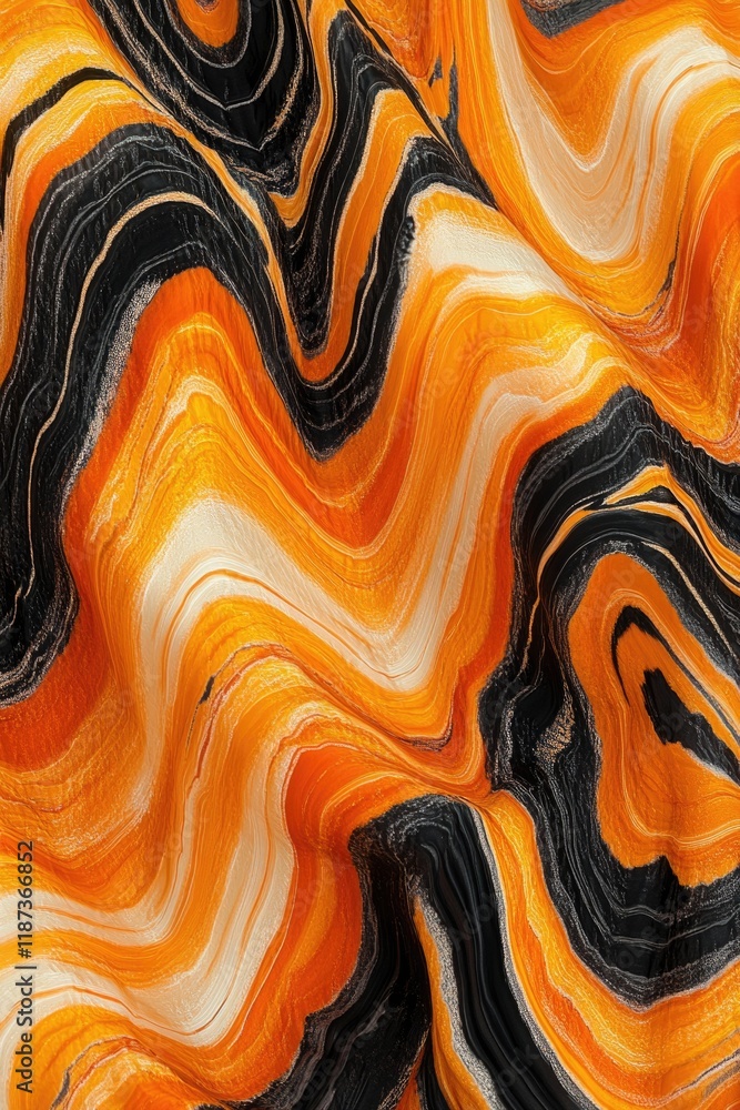 Poster the image is a colorful abstract painting with a black and orange swirl pattern. the colors are vibr