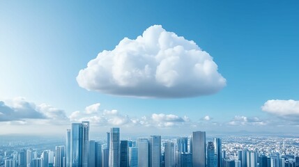 Fototapeta premium Cloud is floating above a city. The cloud is white and fluffy. The city is full of tall buildings