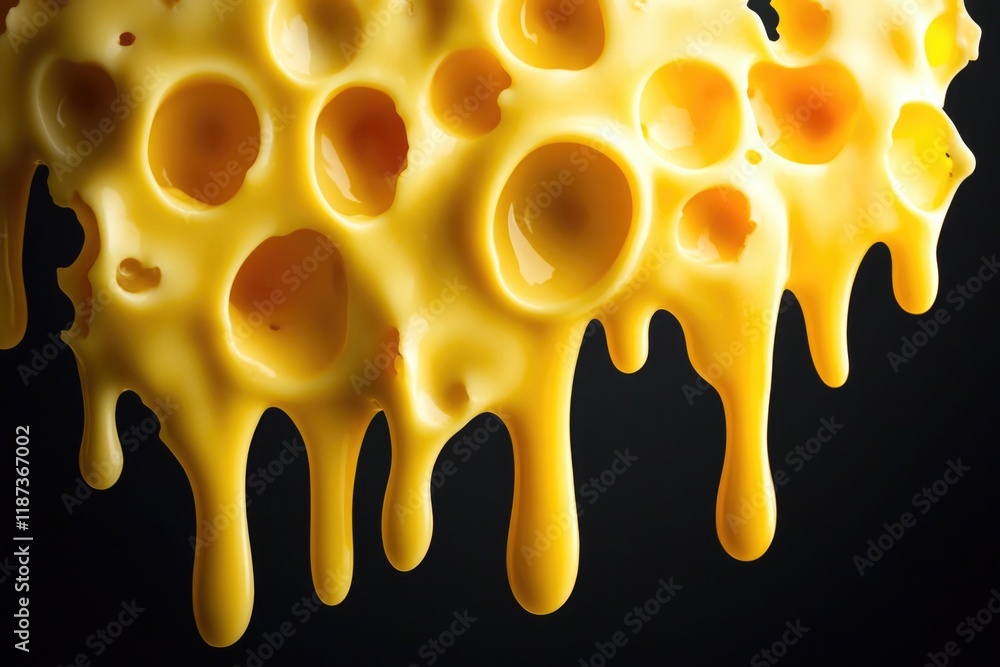Poster yellow blob of cheese with holes in it is dripping down. the image has a playful and whimsical mood,