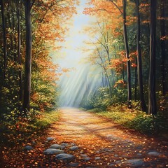 Obraz premium Autumn forest with sunbeams in the morning. Digital painting