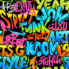 Abstract seamless chaotic pattern with graffiti words. Bright neon Grunge texture background. Wallpaper for boys Fashion urban  style