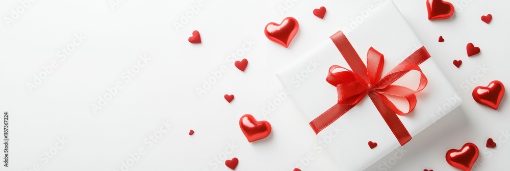 Poster white box with a red bow and a red ribbon. there are many red hearts surrounding the box