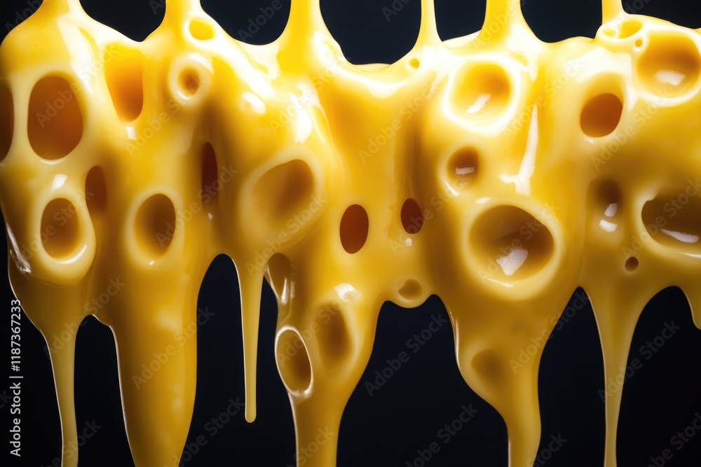 Poster large blob of yellow cheese with holes in it. the cheese is dripping and has a gooey texture