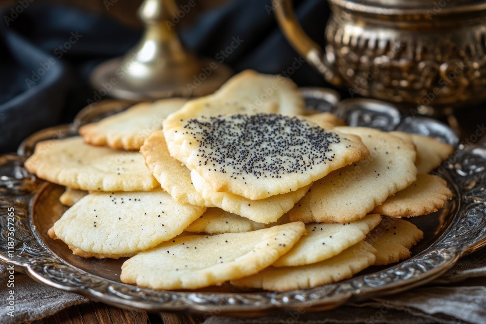Poster plate of cookies with pomegranate seeds on top. the cookies are arranged in a neat stack on a silver