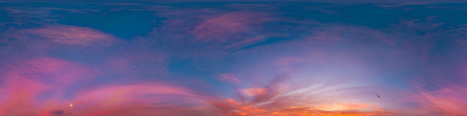 Sunset sky with bright glowing pink Cirrus clouds. Seamless spherical HDR 360 panorama. Full zenith or sky dome in 3D, sky replacement for aerial drone panoramas. Climate and weather change.