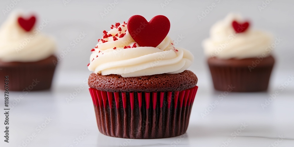 Poster cupcake with a heart on top. it is red and white. there are three cupcakes in the image