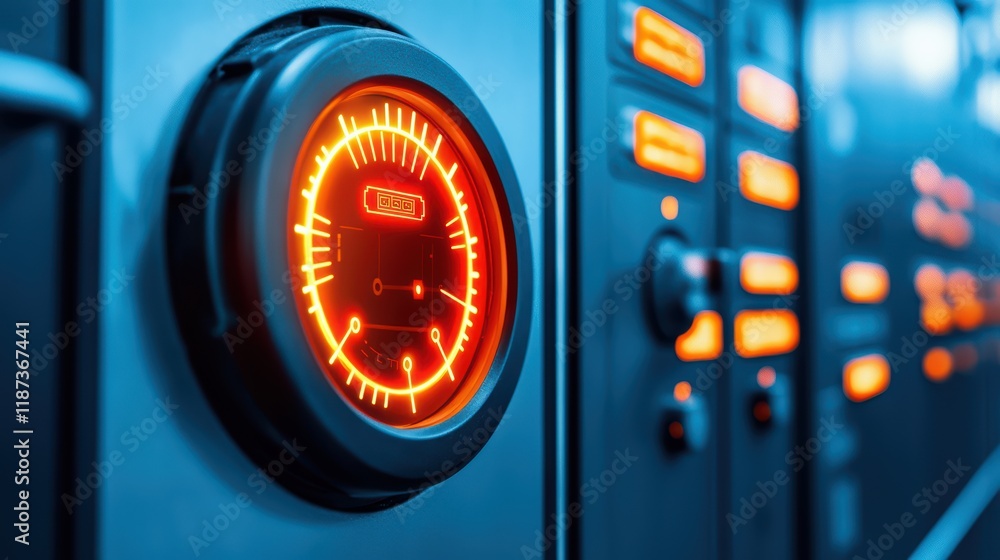 Poster illuminated control panel with bright dial and buttons in a machine
